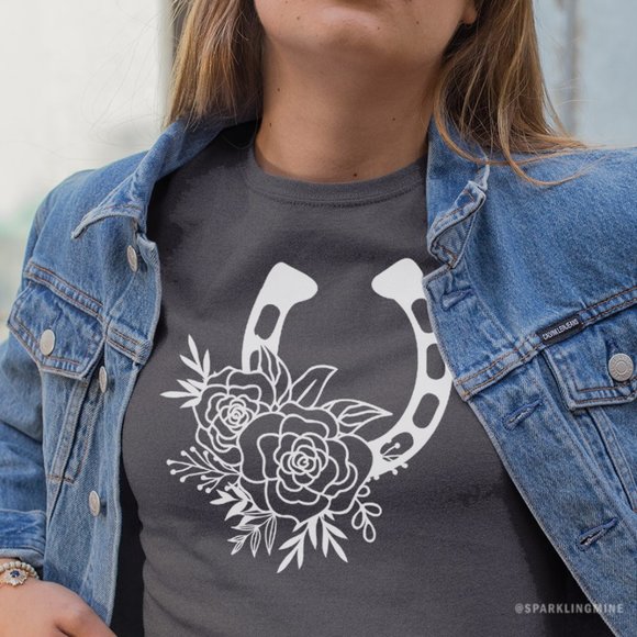 Horseshoe Floral Equestrian Horse Riding Graphic Tshirt.